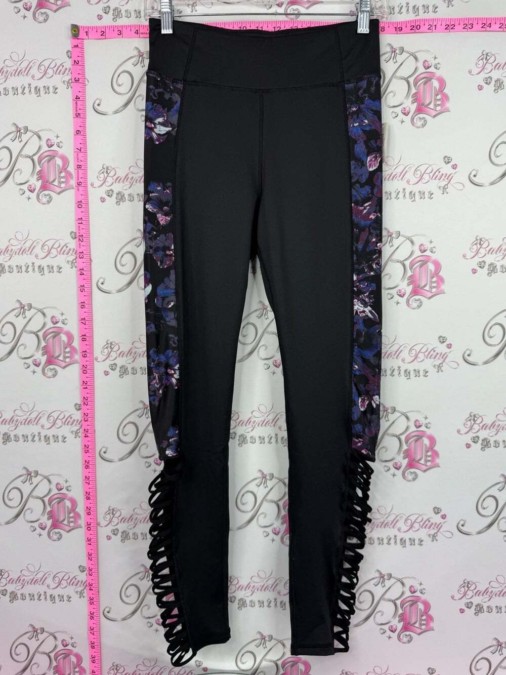 Adore Me leggings tights cut outs side Black Leggings with Purple Floral Panels